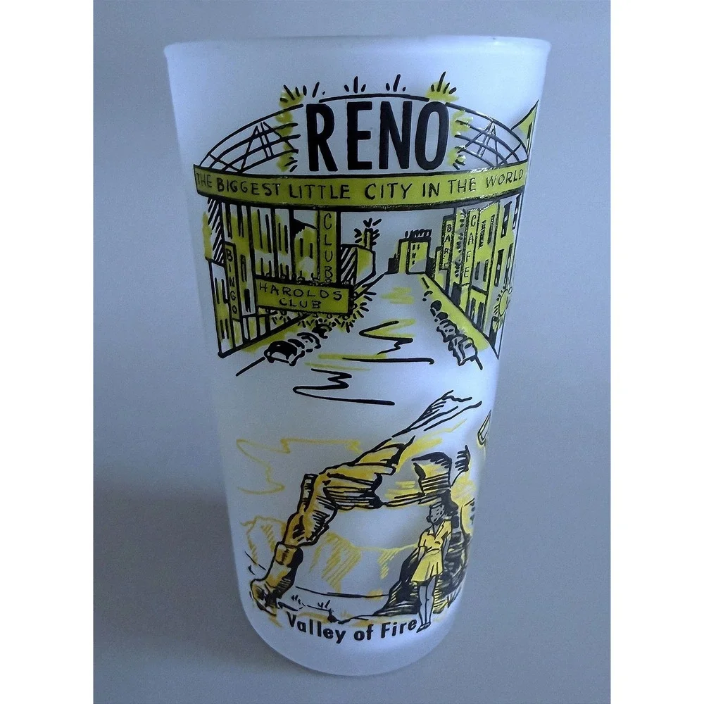 Nevada Vtg 60s Las Vegas & Reno Beverage Frosted Glass Tumblers Enamel Paint 5